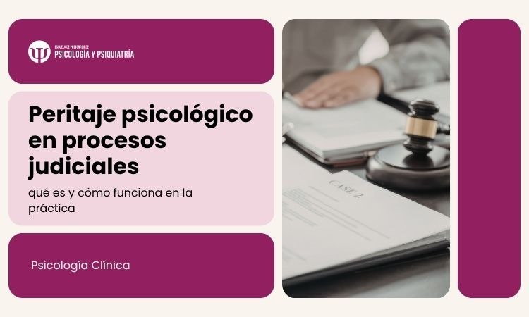 Psicólogo forense elaborando un informe pericial durante una entrevista en un contexto judicial, con documentación y elementos relacionados con la administración de justicia.